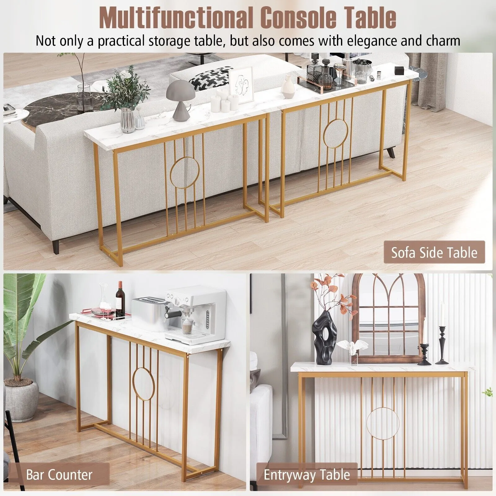 Costway 120cm Narrow Console Table Faux Marble Sofa Side End Table W/ Metal Frame in Gold 5