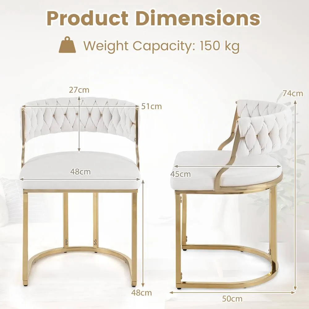 Costway 2PCS Velvet Dining Chairs Modern Woven Upholstered Accent Chairs in White 2