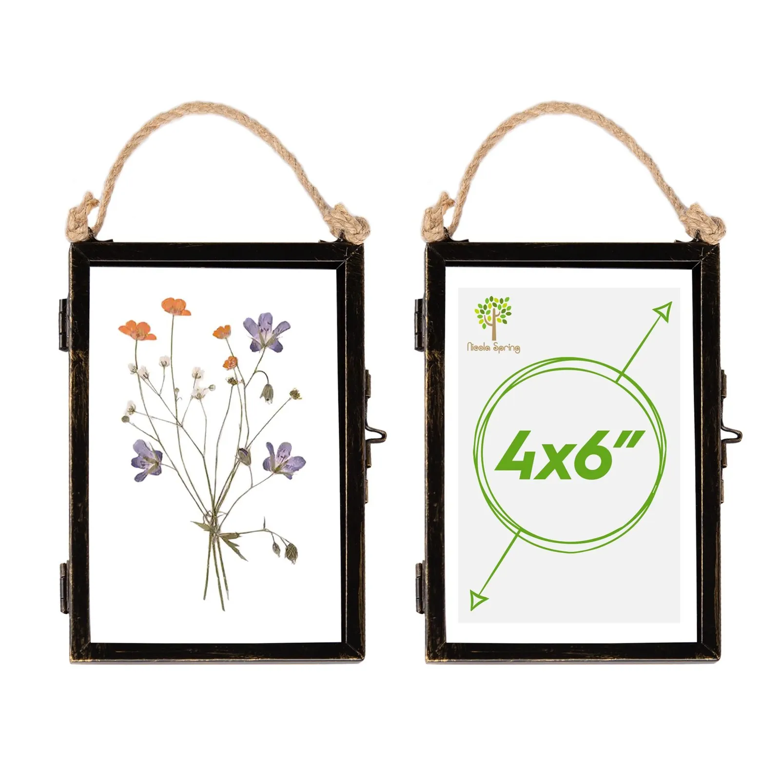 Nicola Spring 2x Hanging Metal Photo Frames - 4" x 6" - Black - Picture Frame Wall Mounted Frame with Rope