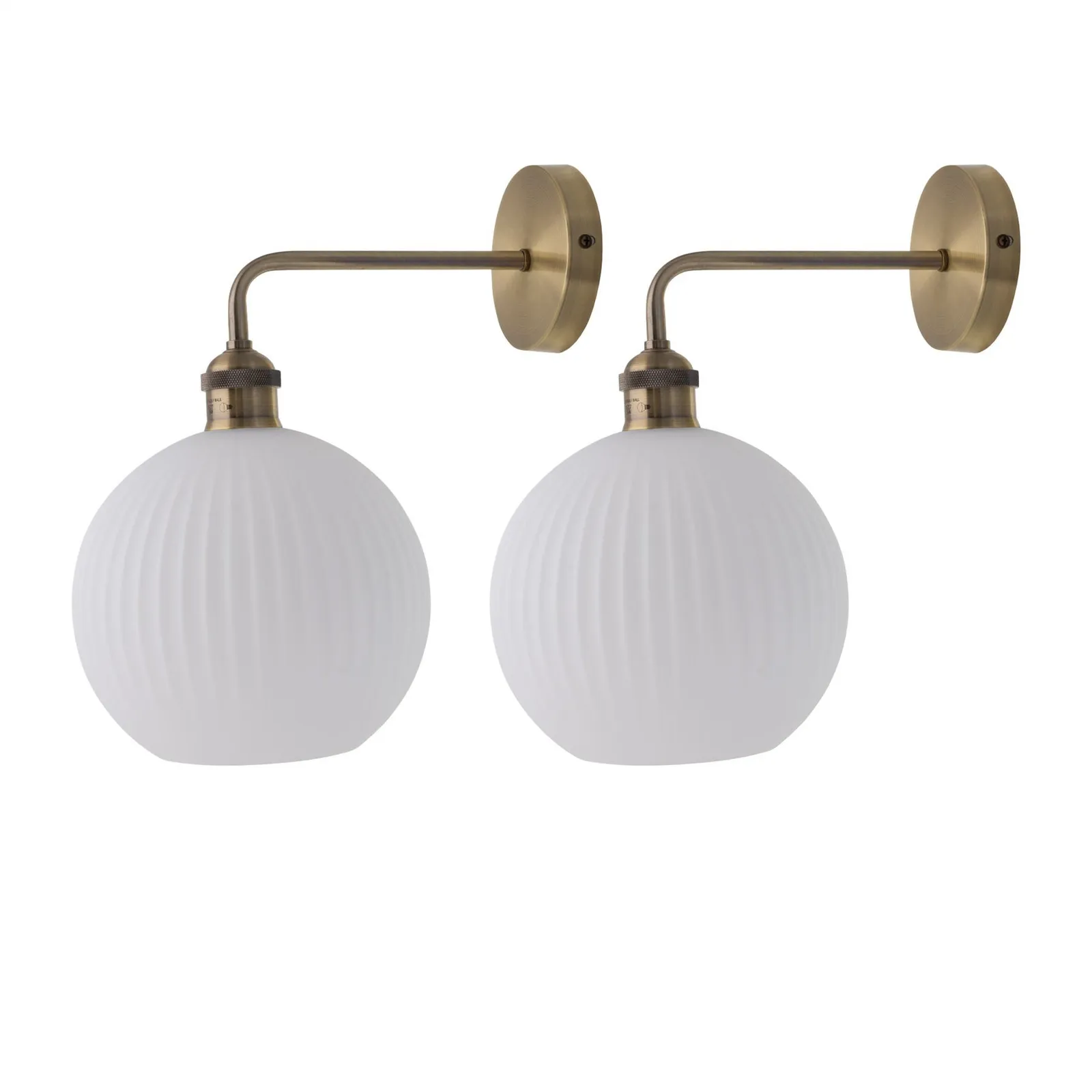 First Choice Lighting Set of 2 Isaac - Antique Brass Wall Lights with White Ribbed Shades in Gold