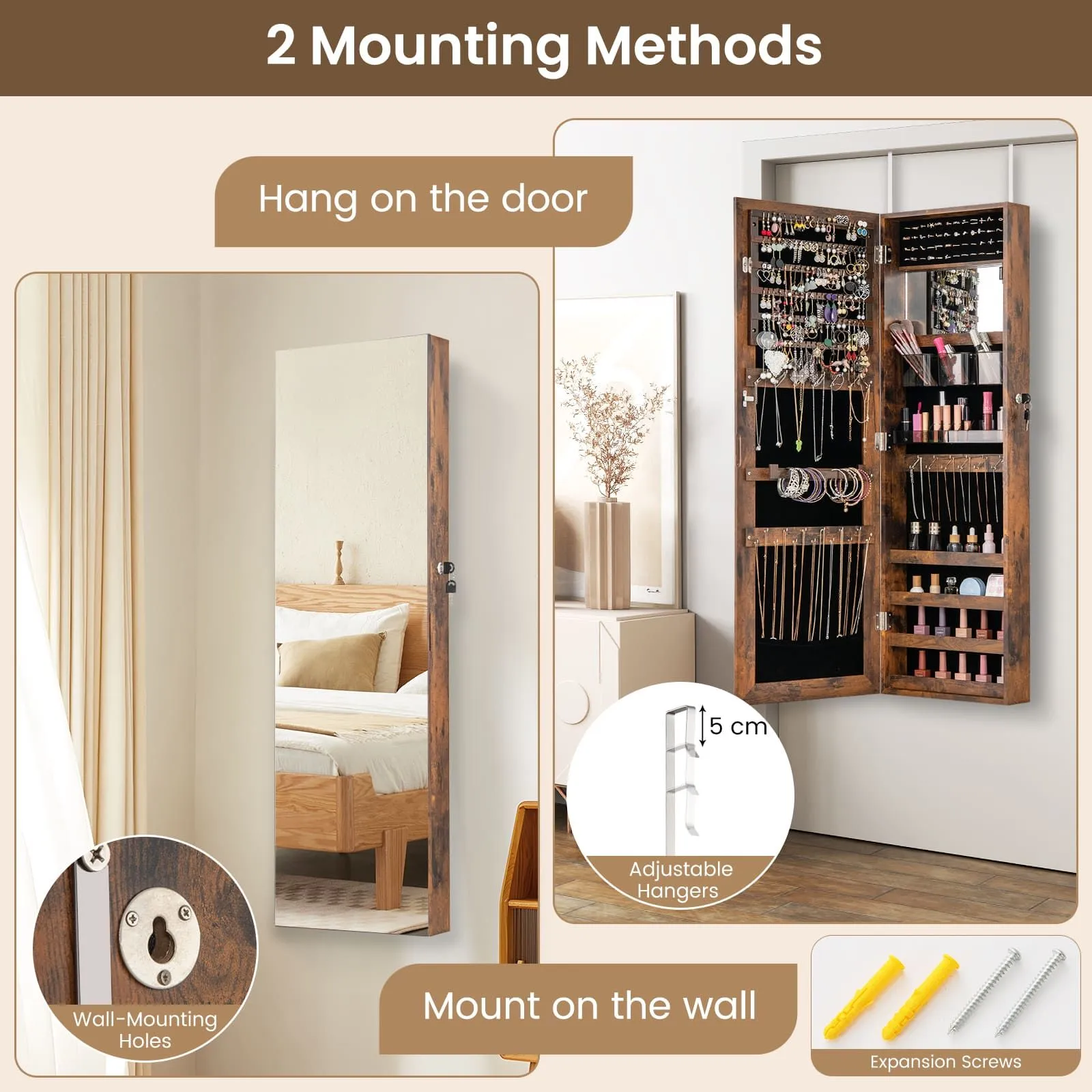 Costway Wall Mounted Jewellery Cabinet Door Hanging Jewelry Armoire w/ Full Length Mirror Lockable Cosmetics Jewellery Organiser Unit in Brown 6