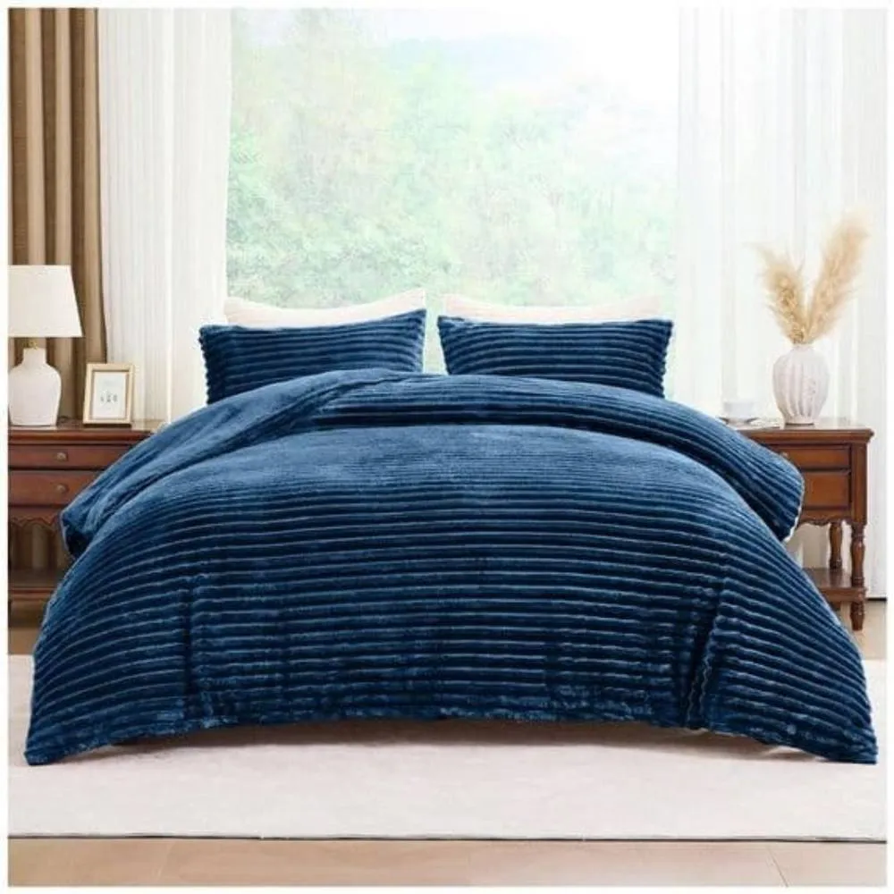 HOME LUXE INTERIOR Plush Faux Fur Chunky Ribbed Faux Fur Navy Bedding Duvet Set - Single