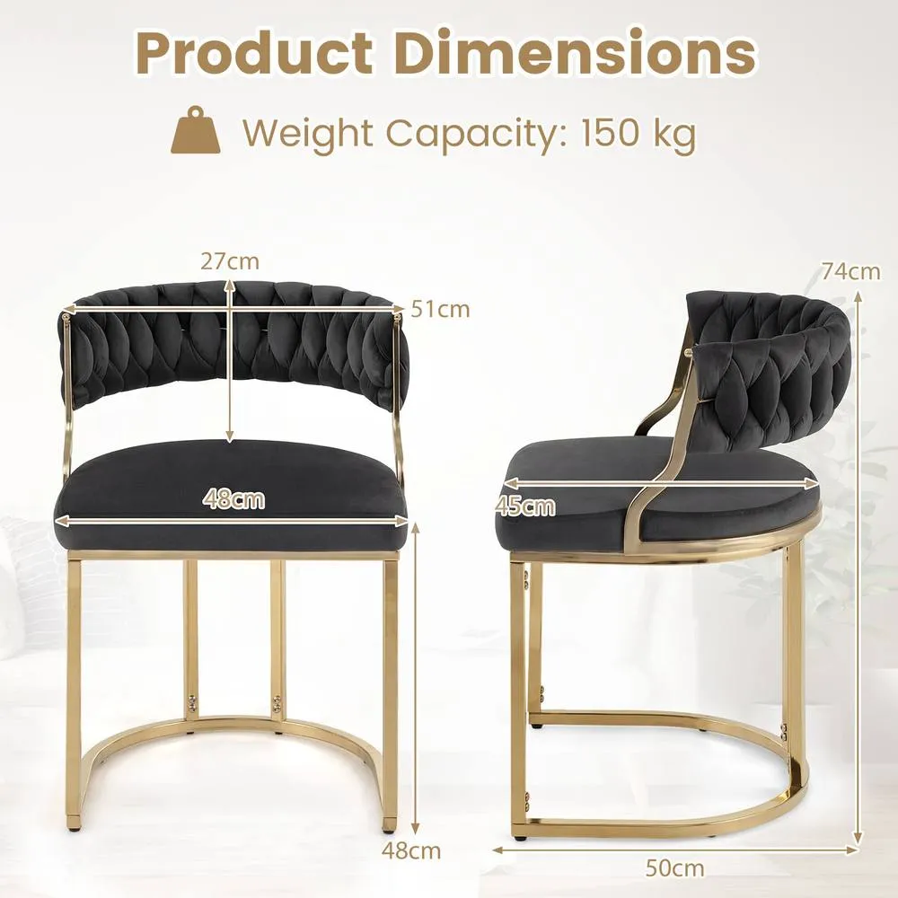 Costway 2PCS Velvet Dining Chairs Modern Woven Upholstered Accent Chairs in Black 2