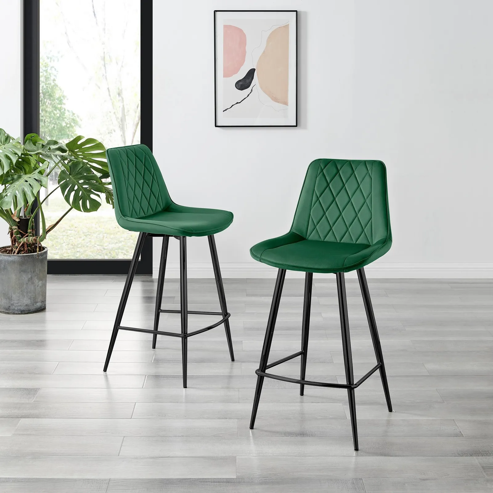 FurnitureboxUK Pesaro Set of 2 Velvet Black Legs Counter Stools in Green 2