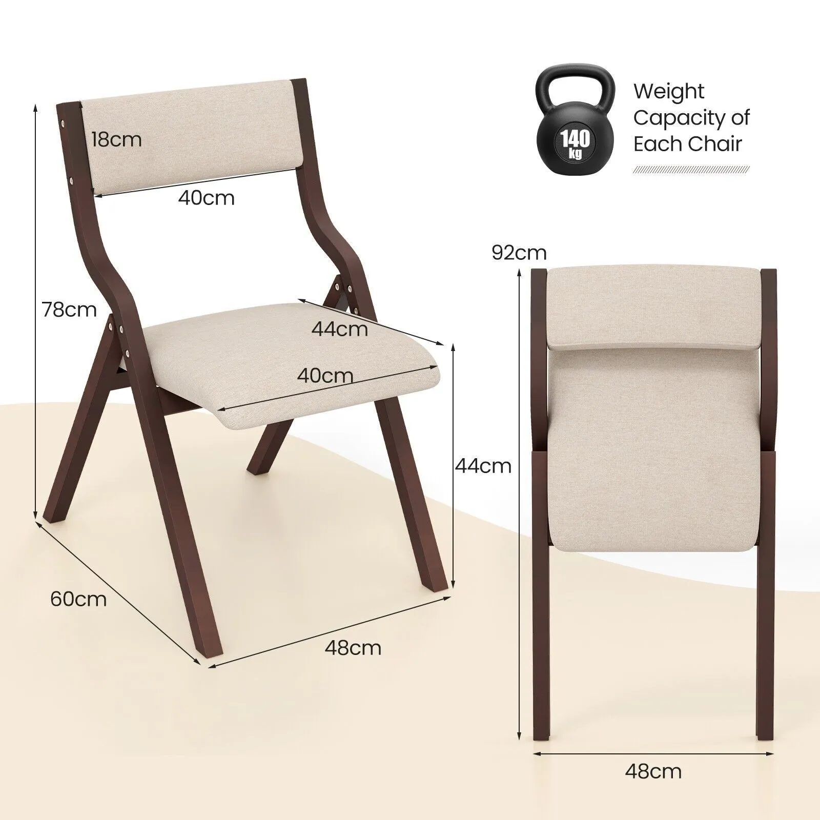 Costway Set of 2 Padded Folding Chair Wooden Counter Dining Chairs W/ Linen Fabric Seat in Brown 2