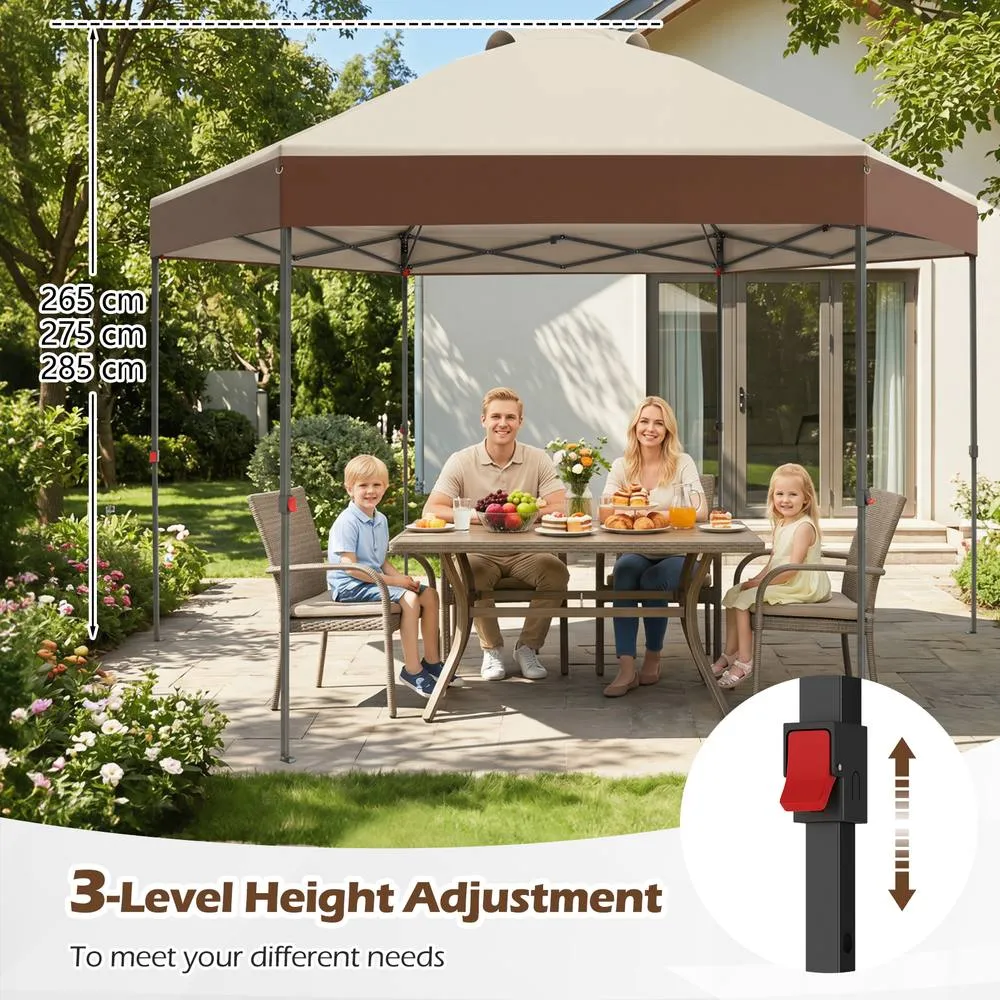 Costway 3.6x3.6m Pop Up Garden Gazebo Adjustable Height Canopy Tent w/Pegs in Brown 5