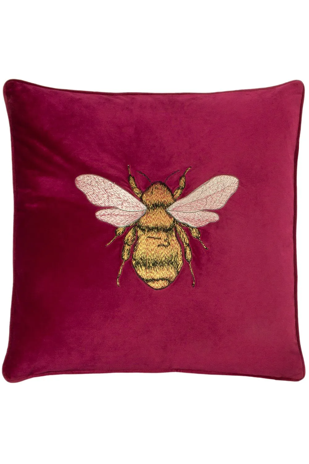 Paoletti Hortus Embroidered Bee Soft Velvet Pipe Trimmed Cushion in Fuchsia 1
