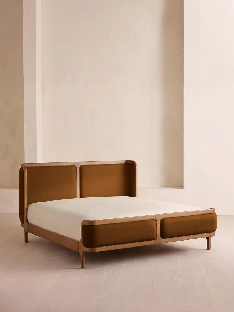 Belsa Bed, Light Wood, King, Linen, Terracotta