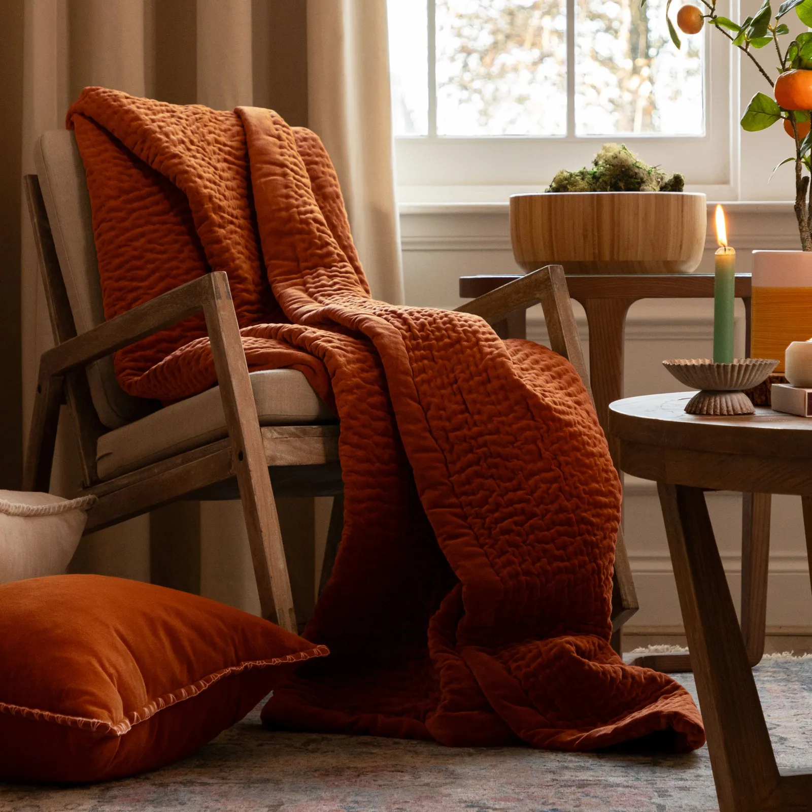 Voyage Maison Haze 100% Cotton Velvet Quilted Throw in Burnt Orange