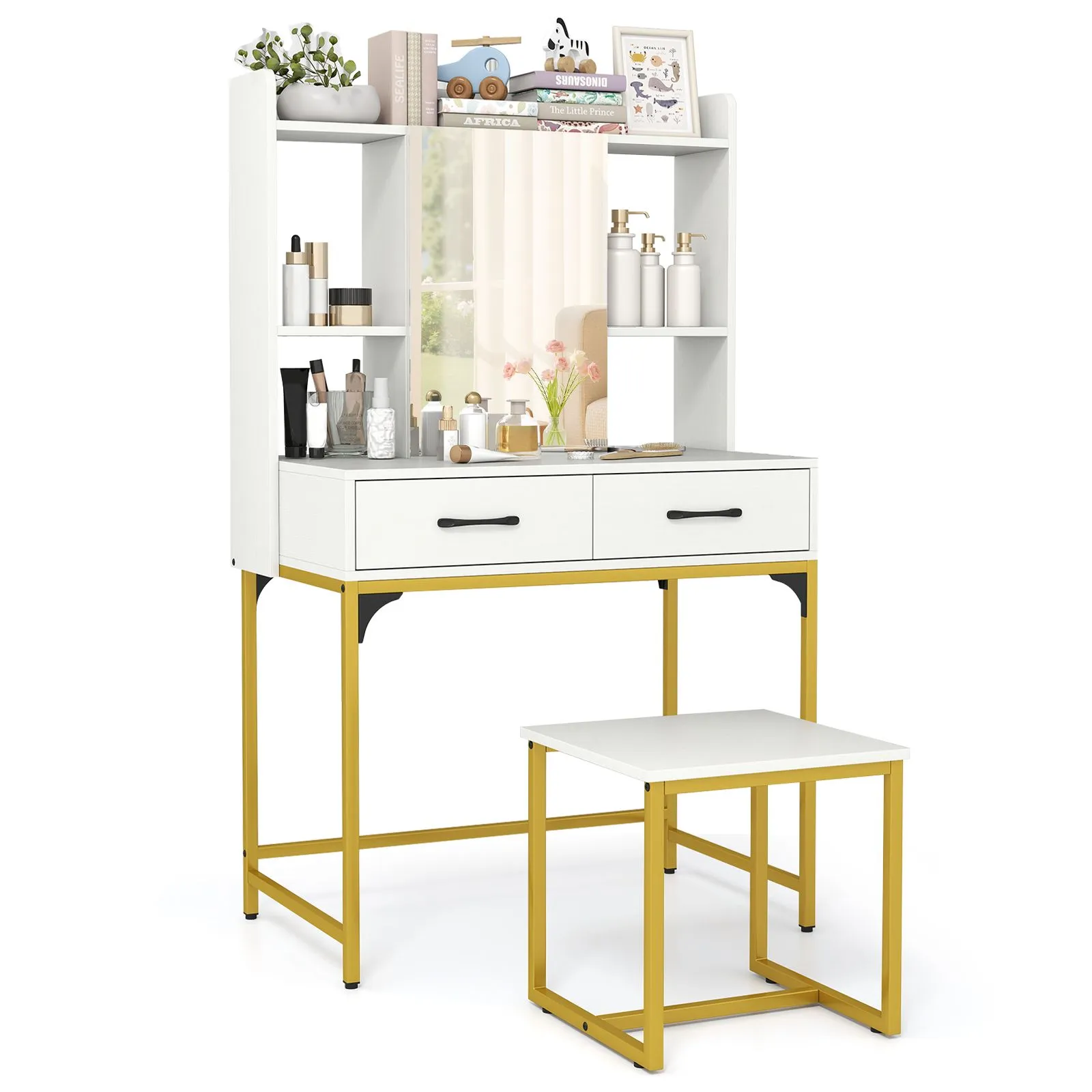 Costway Vanity Desk Wide Makeup Dressing Table with Power Outlets in White