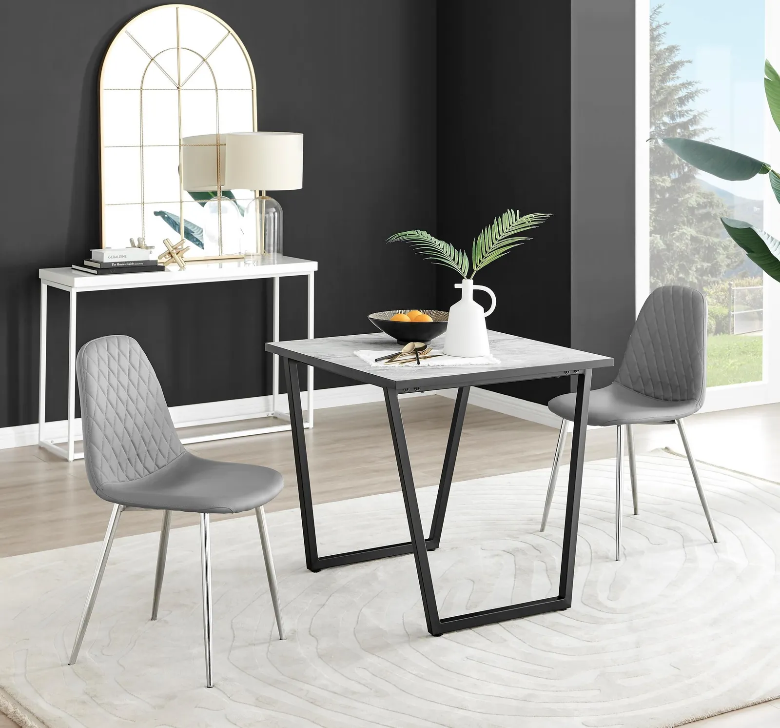 FurnitureboxUK Carson White Marble Effect Square Dining Table & 2 Faux Leather Corona Silver Chairs in Grey