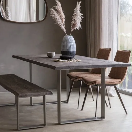 Huntington Wooden Dining Bench In Grey With Metal Stand