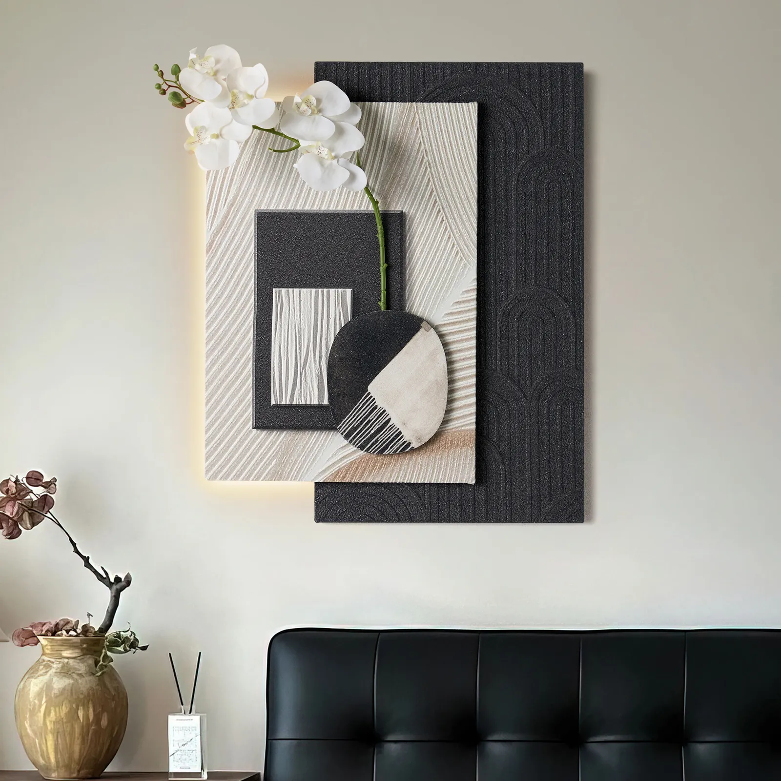 Modern Black & White Wall Art with LED Warm Light & Faux Orchid – 600mm x 490mm
