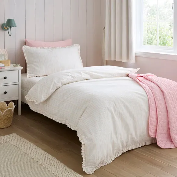 Stripe Frill Seersucker Cotton Duvet Cover and Pillowcase Set