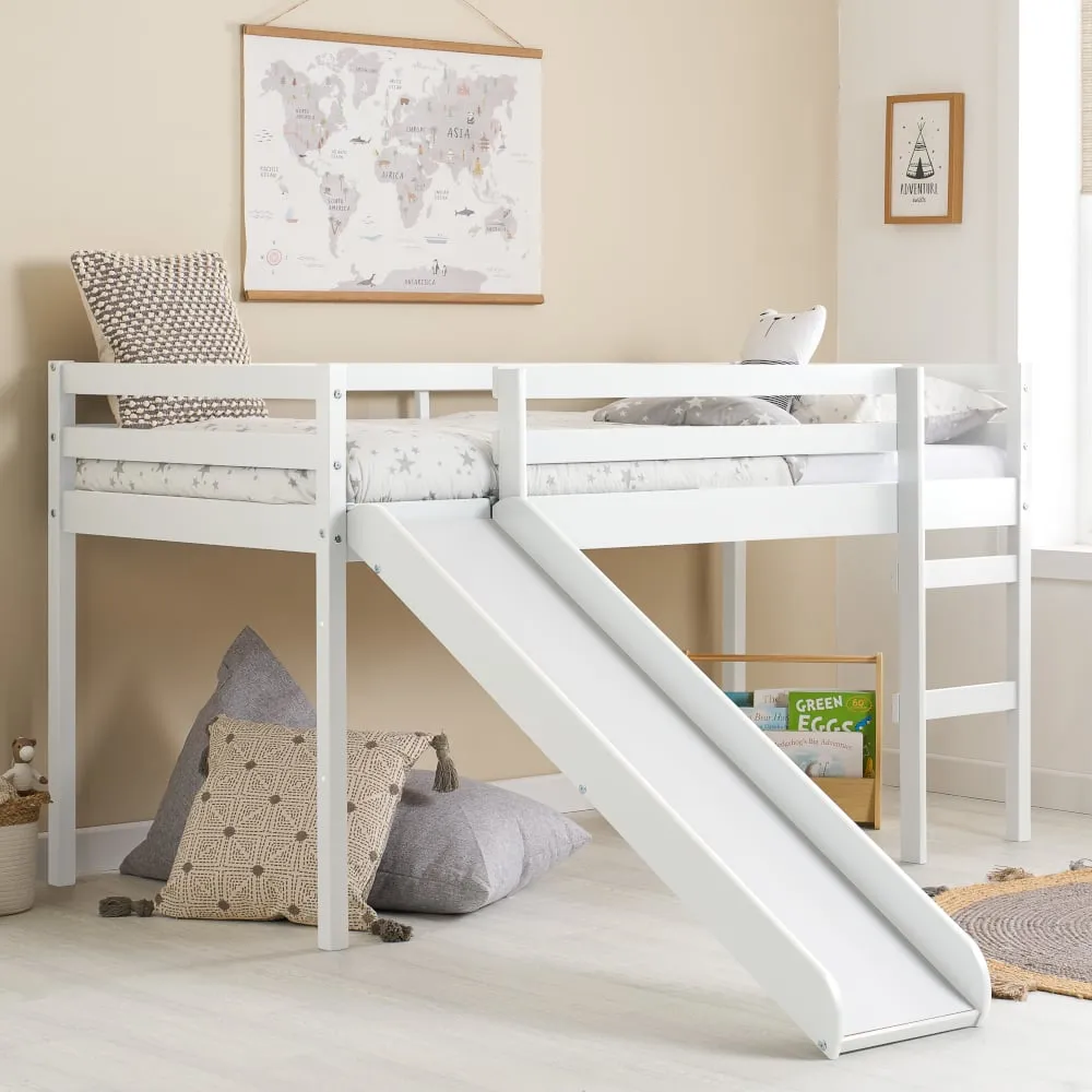 Frankie - Single - Mid Sleeper with Slide - White - Wooden - 3ft - Happy Beds 1