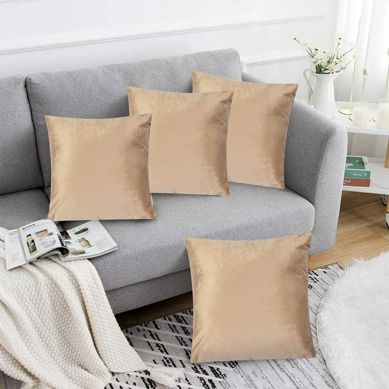 Luxury Living Luxurious Velvet Cushions Set of 4 - Soft Plush Fibre Pads, Vibrant Colours for Sofa & Bed Décor in Beige