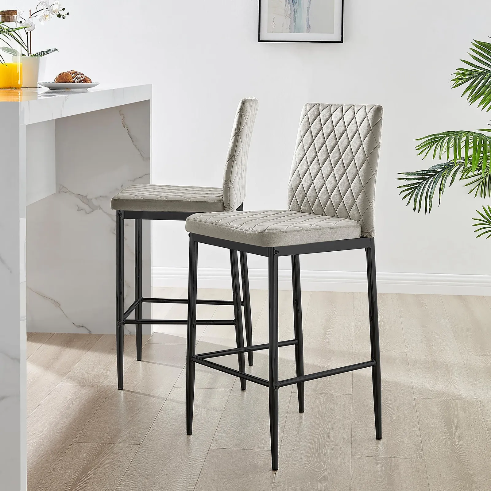 FurnitureboxUK Set of 2 Milan Soft Touch Hatched Velvet Padded Counter Stools With Black Metal Legs in Beige 1