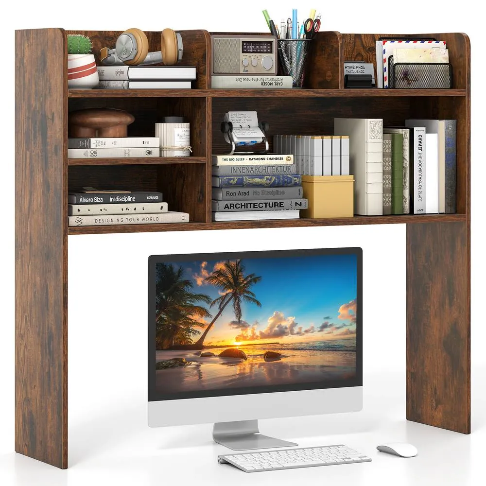 Costway Desktop Bookshelf Desk Hutch Shelf for Computer Monitor in Brown
