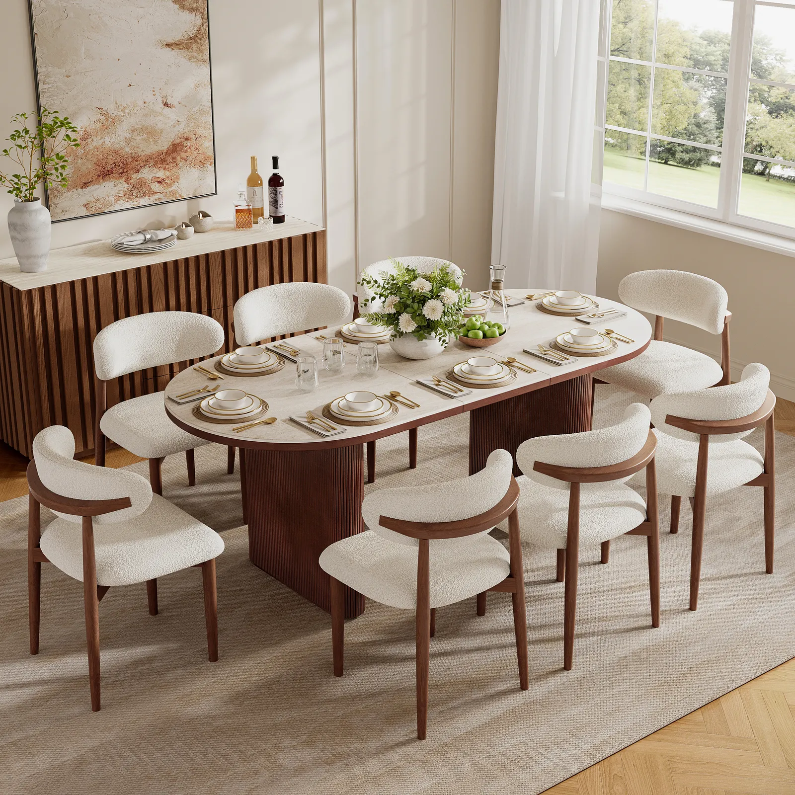 Dining Set 200-240cm Extendable Walnut Table with 8 Chairs