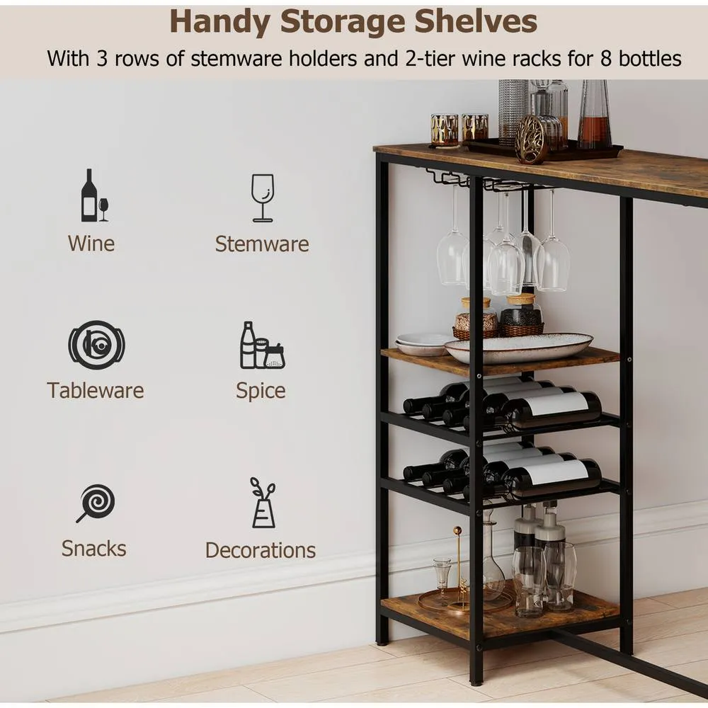 Costway 121cm Long Bar Table Bar Height Dining Table with Storage Shelves in Brown 2