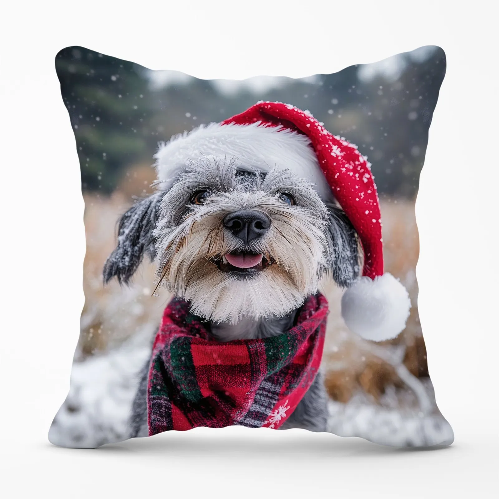 Warren Reed - Designer Snowy Christmas Dandie Dismount Terrier Cushion in Grey