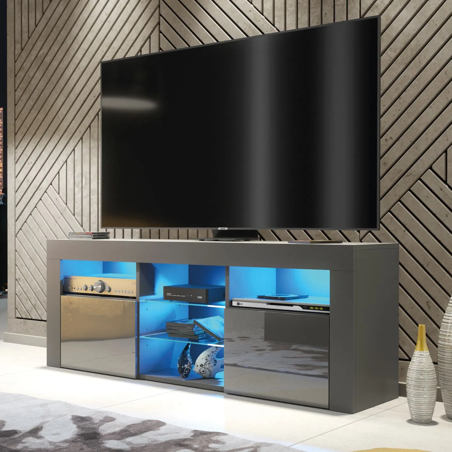 Creative Furniture Pulse TV Unit 145cm - A Stylish & Practical Cabinet with Gloss Doors & LED Lights in Dark Grey 6