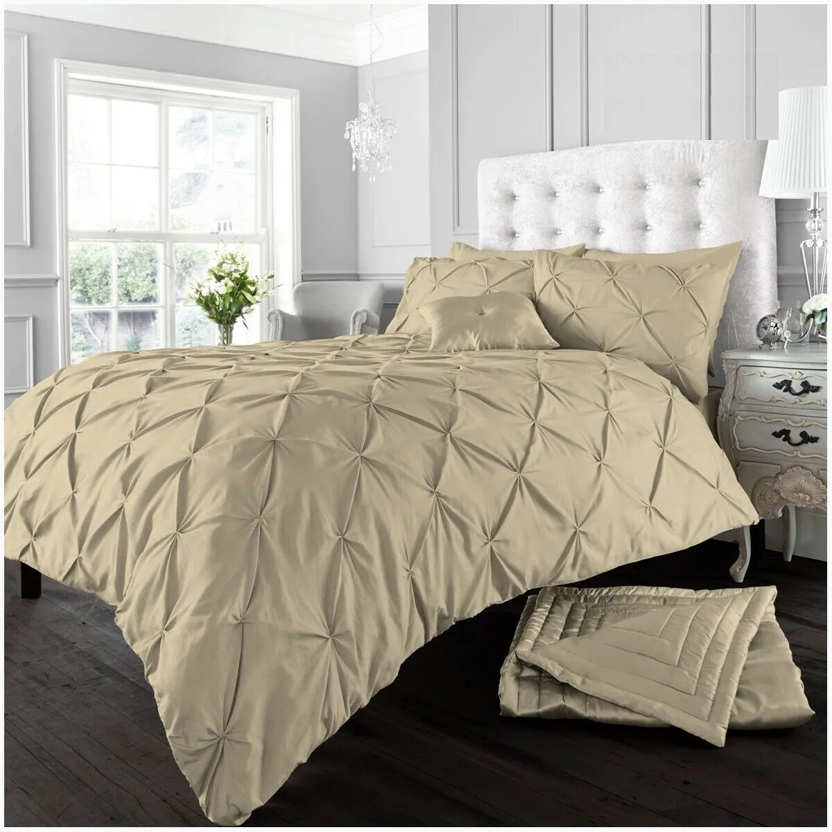 Smart Living Polycotton Pintuck Duvet Cover With Pillowcases in Beige 1