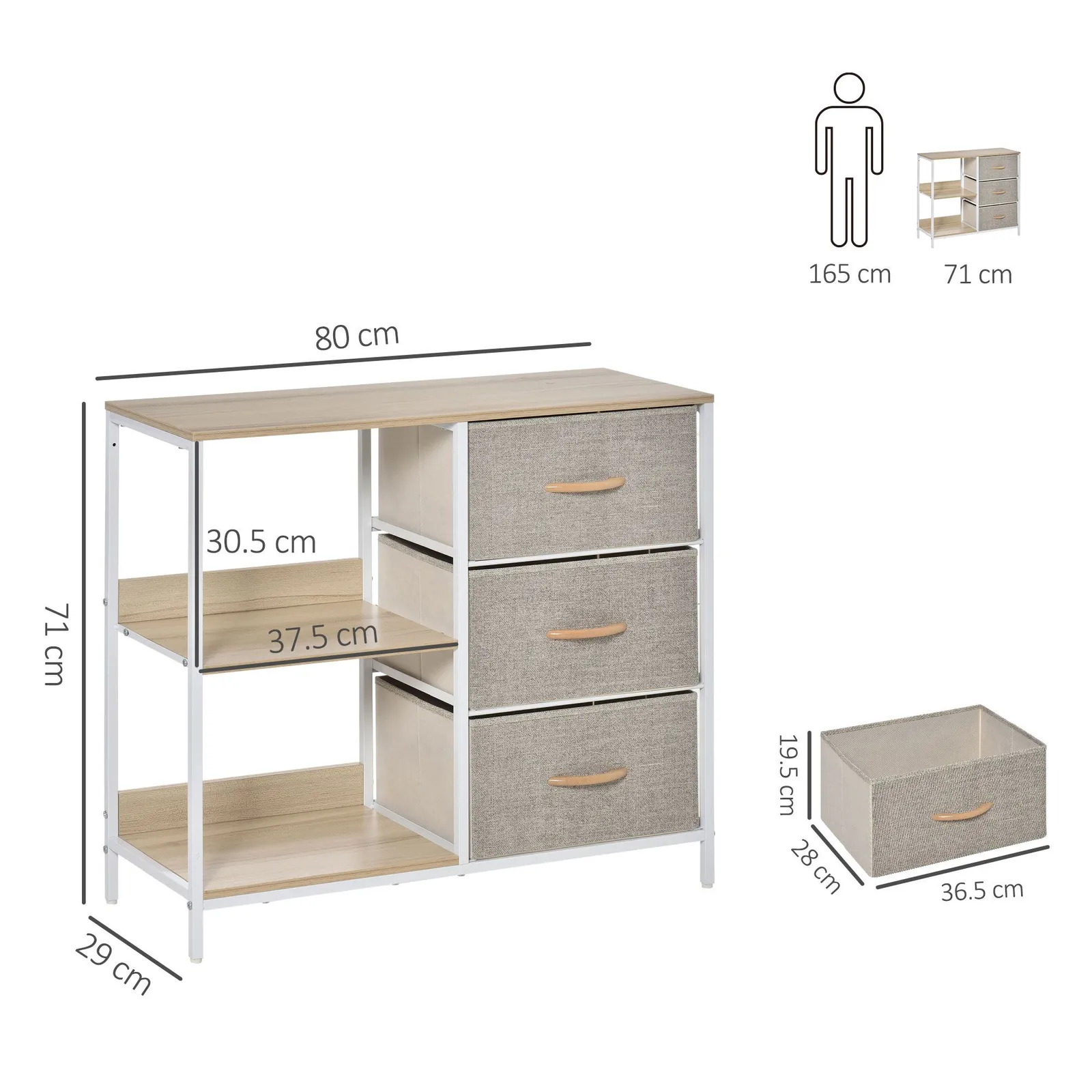 HOMCOM Cabinet Organizer 3 Drawer Chest Dresser Tower w/ 2 Shelves for Bedroom in Beige 3