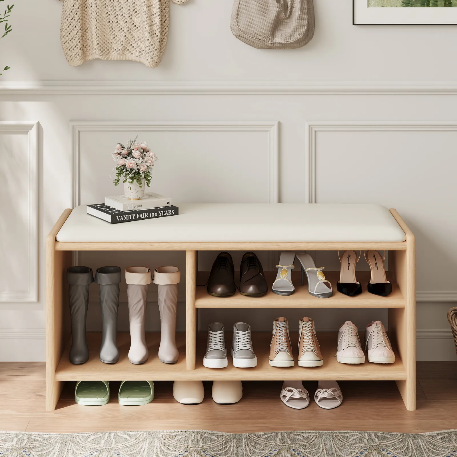 Modern Leather Upholstered Entryway Bench in Natural Wood Shoe Storage (120 cm Wide)