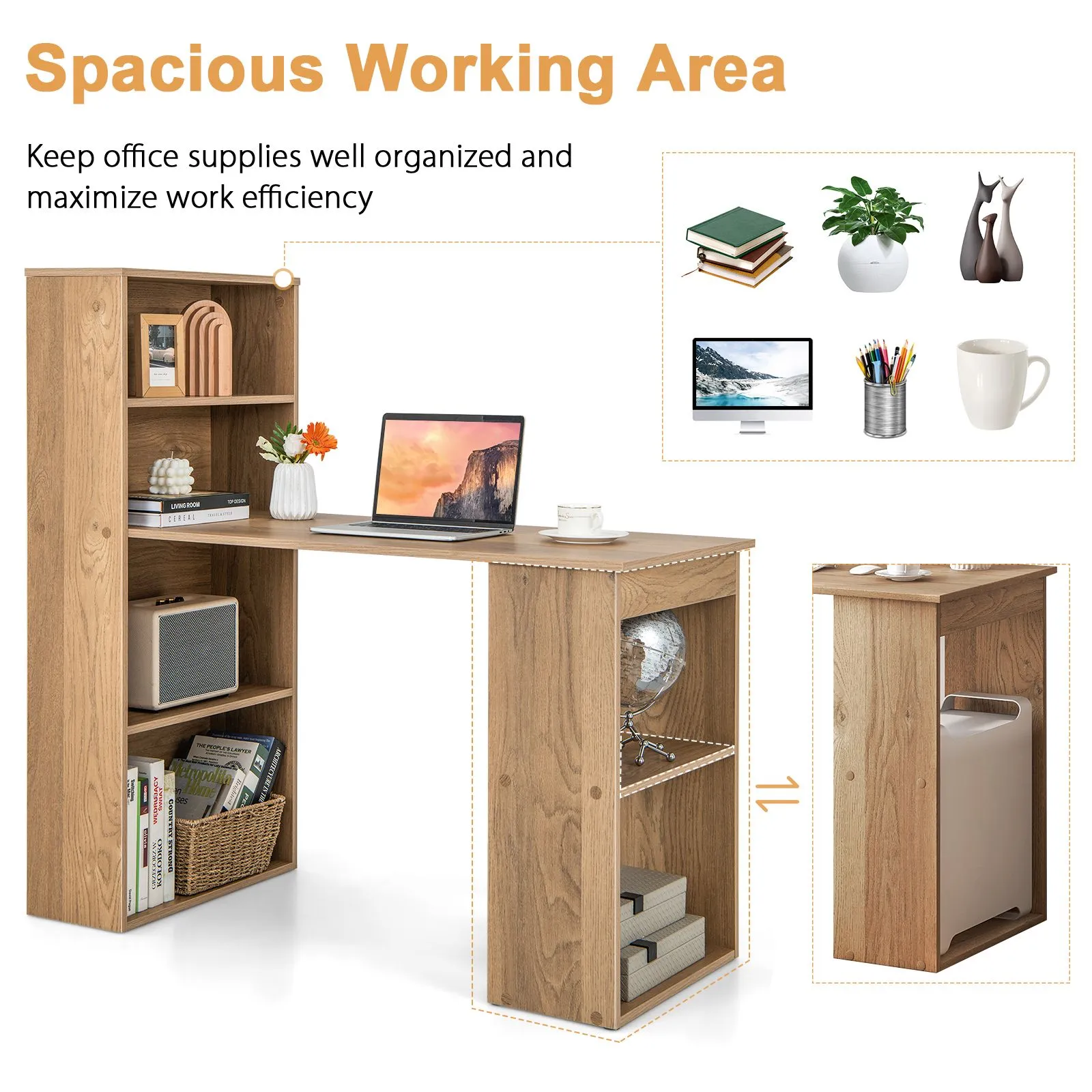 Costway 48"Computer Desk w/ Bookcase Modern Writing Desk w/ 6-tier Storage Shelves Home Office in Natural 6