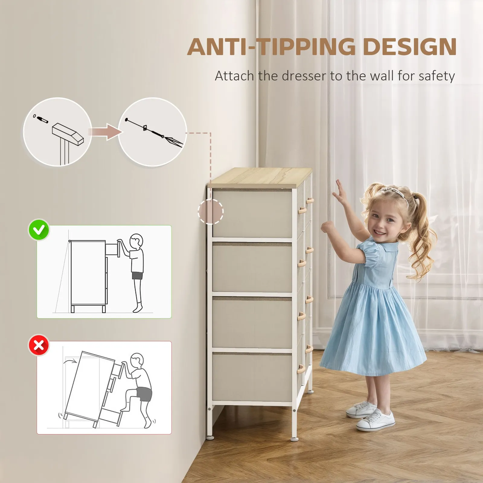 HOMCOM 8 Drawer Fabric Chest of Drawers w/ Wooden Top for Hallway in Natural 6