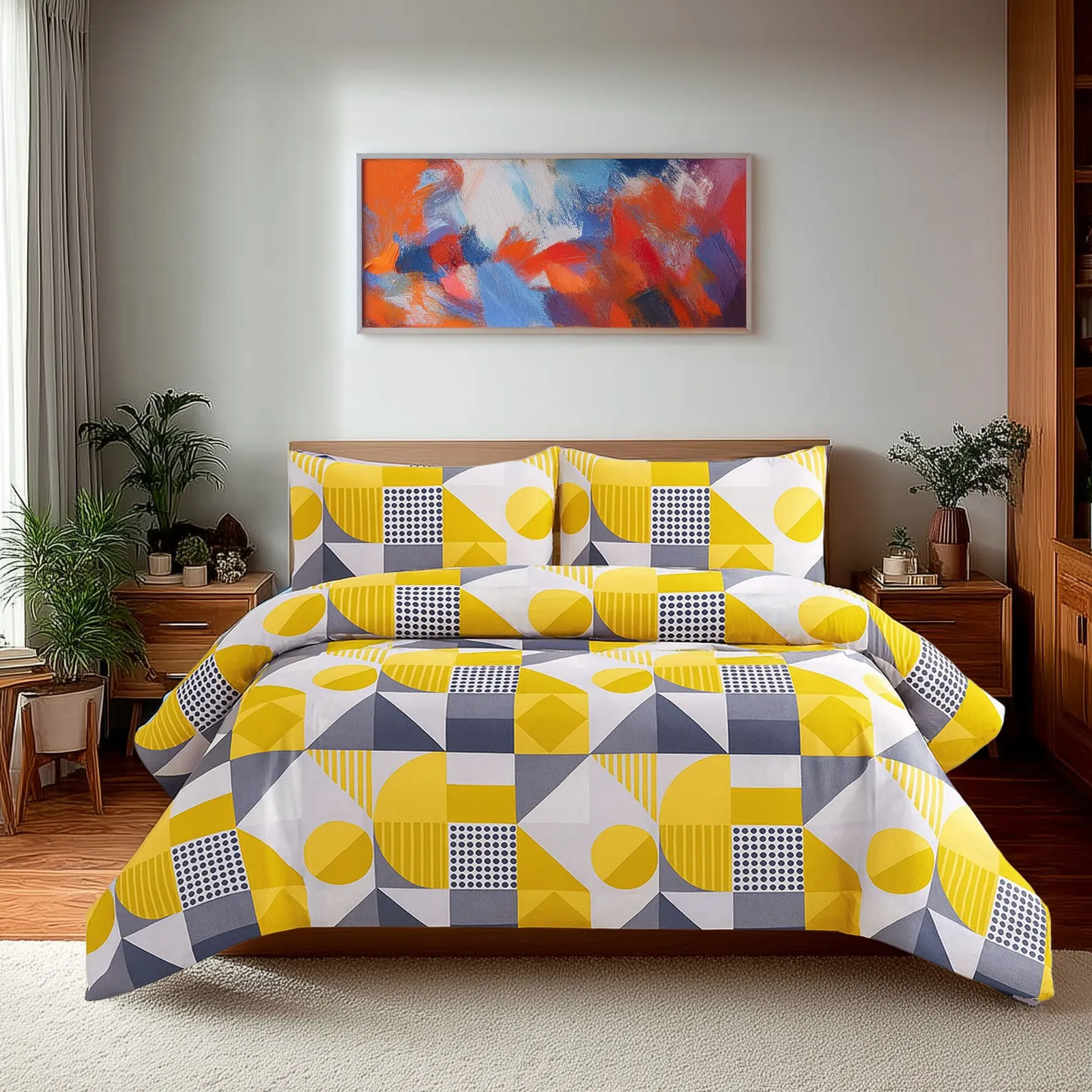 Snug City Duvet Cover & Pillowcase Set Print Shape Design Polycotton Bed Linen in Yellow