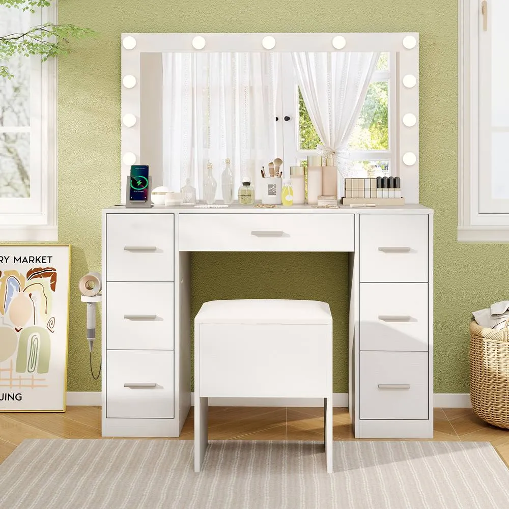 Costway Vanity Desk Set w/ Power Outlets Modern Makeup Table w/Storage Stool in White 5