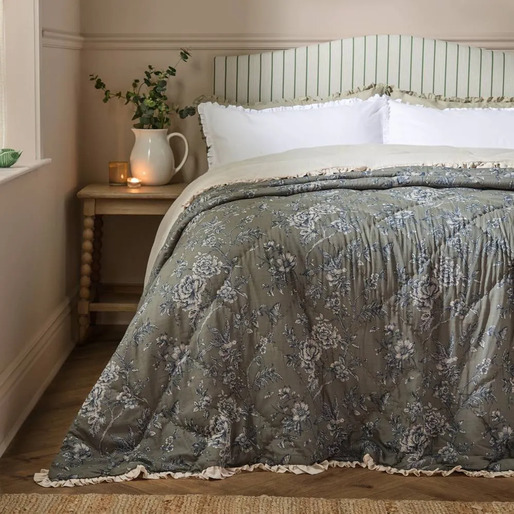 Wylder Hermione Ruffled 100% Cotton Floral Bedspread in Green 1