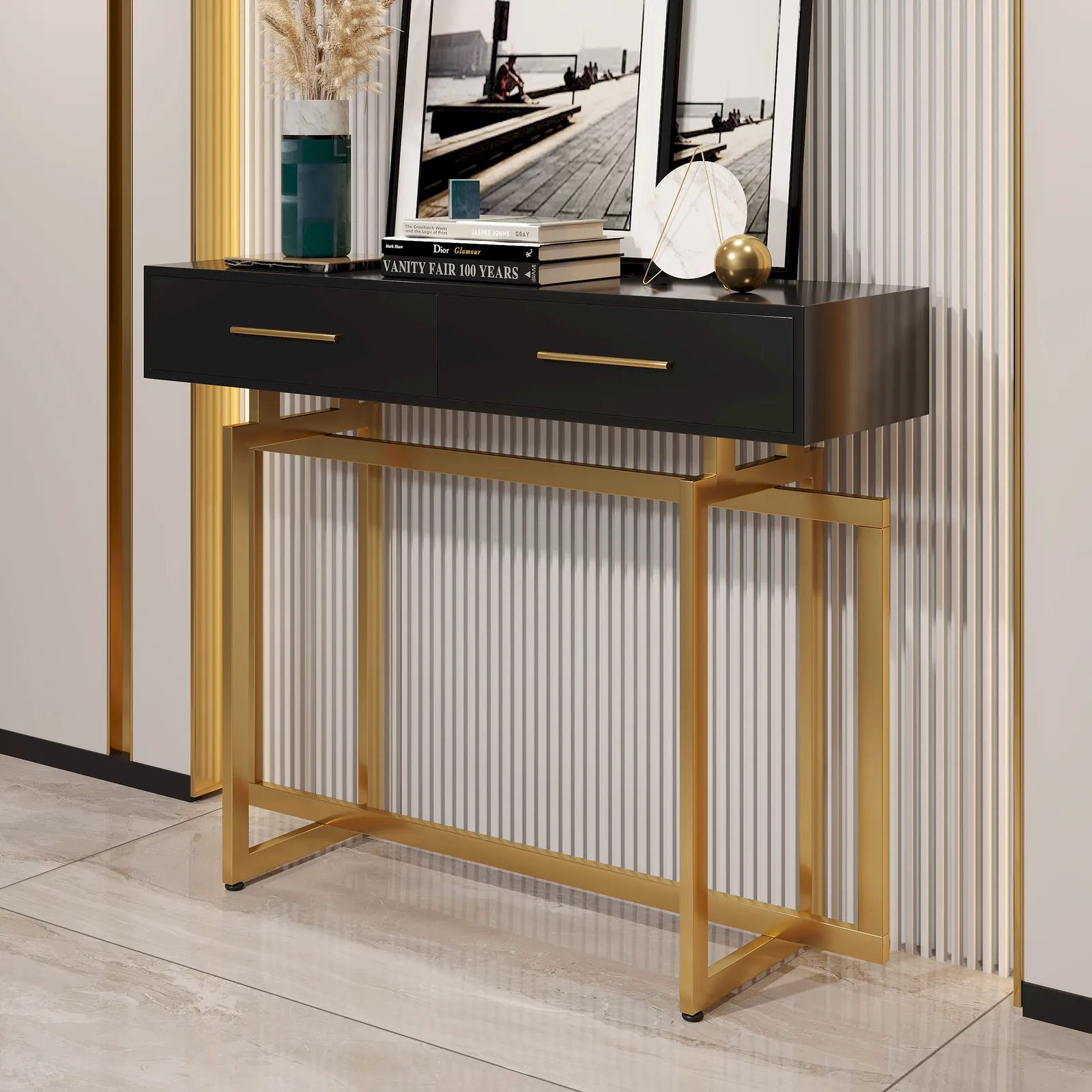 1000mm Modern Narrow Black Console Table with Storage Drawers and Metal Legs in Gold