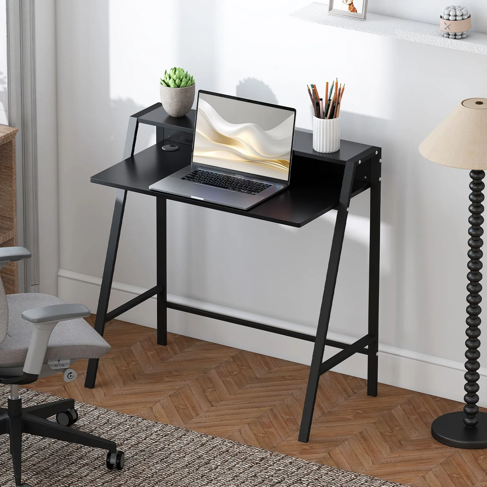 HOMCOM 2-Tier Storage Computer Workstation with Shelf, Metal Frame in Black 1