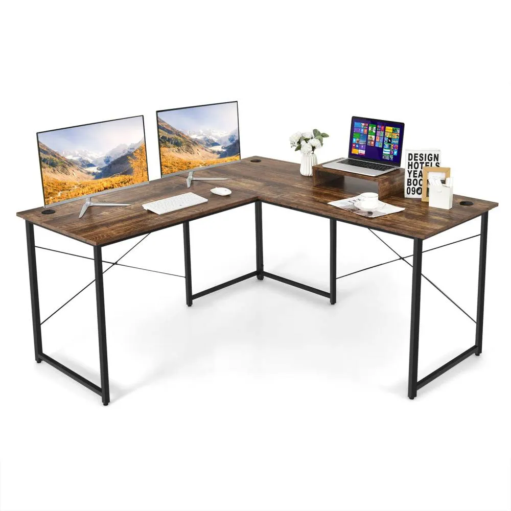 Costway L-Shaped Corner Computer Desk Reversible Study Writing Desk Workstation 2 Person in Brown