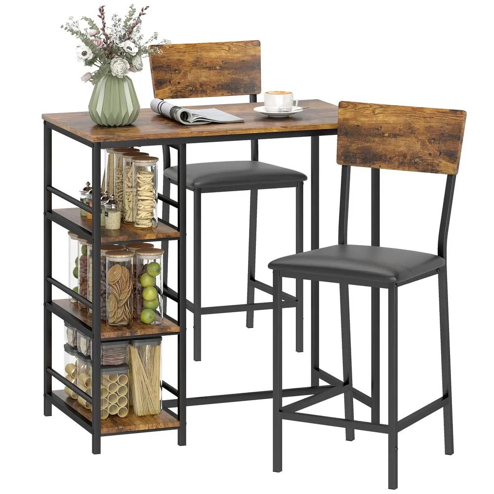 HOMCOM Industrial Bar Table Set with Storage & Padded Seats, Rustic Brown 2