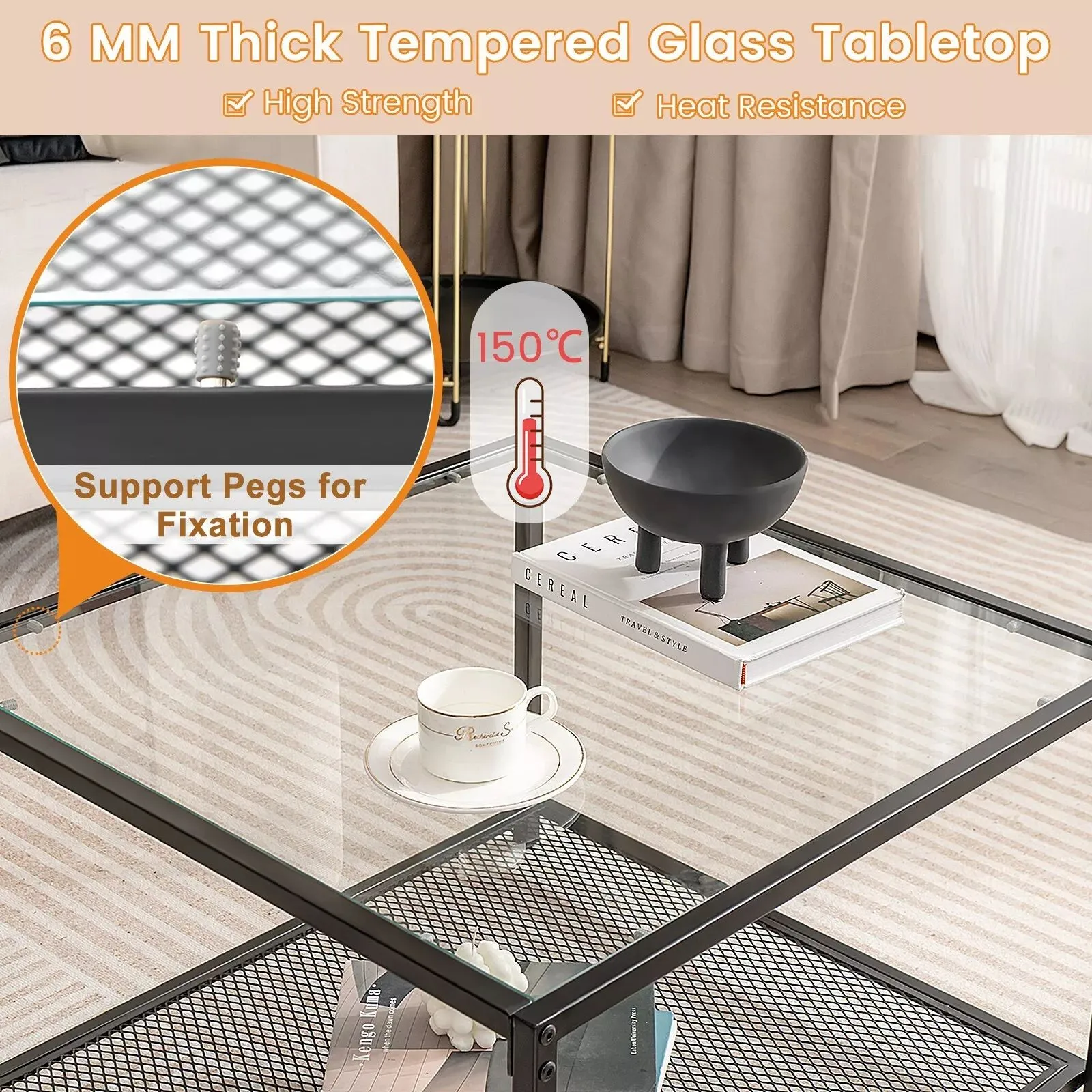 Costway Modern Glass Top Coffee Table Home Square Center Table Accent Sofa Side Table in Clear 6