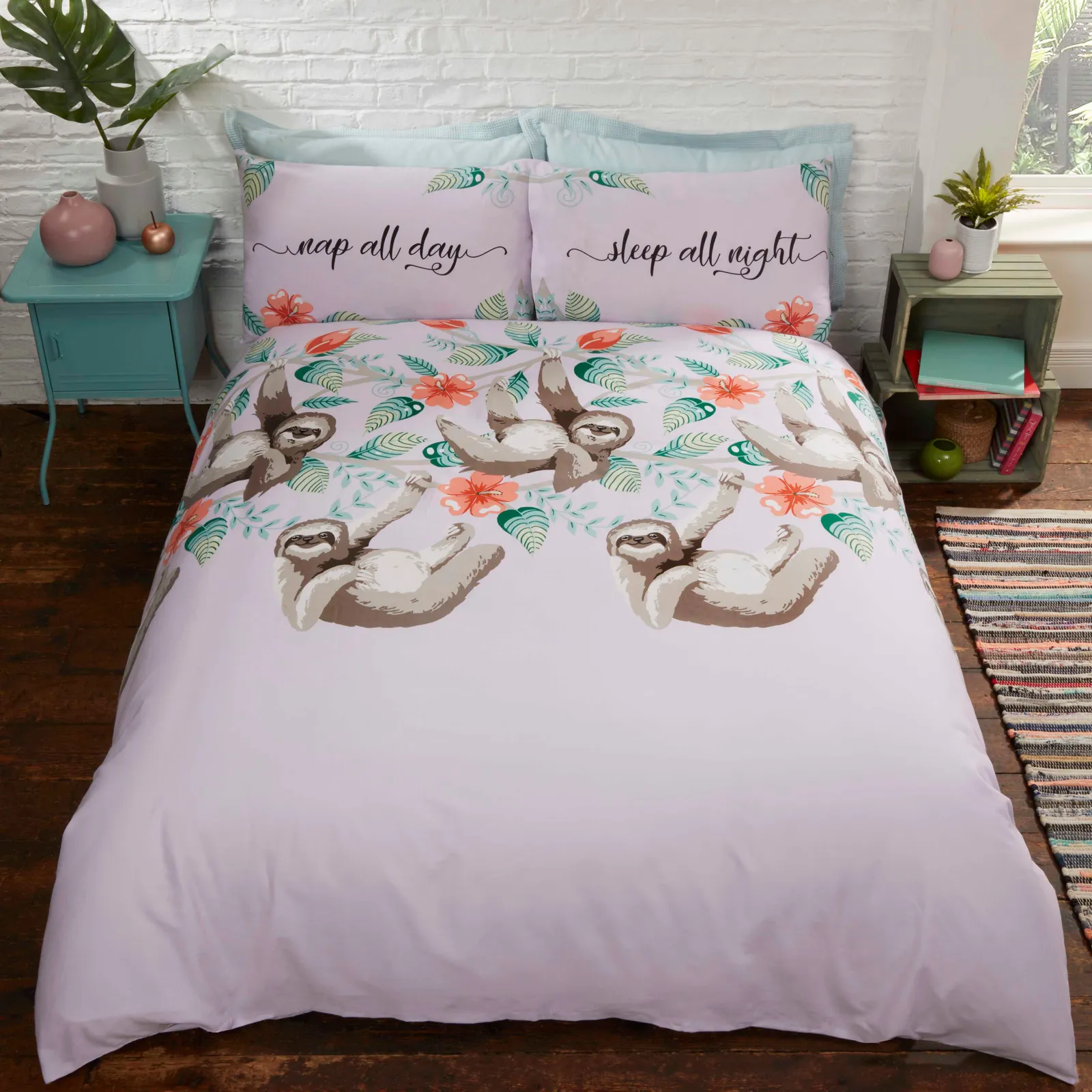 Rapport Home Sloths Polycotton Duvet Cover Set With Pillowcase in Dusty Pink