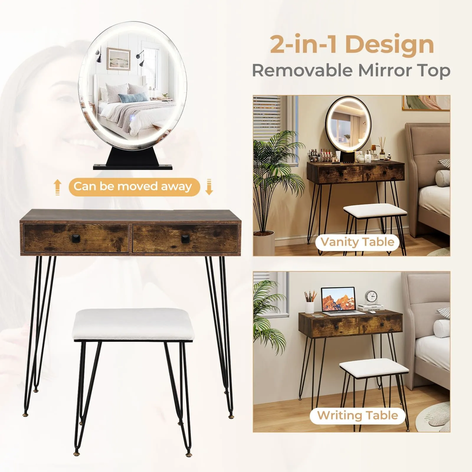 Costway Vanity Set Makeup Dressing Table w/ Soft Cushioned Stool & Mirror in Brown 5