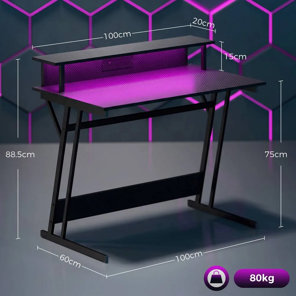 HOMCOM LED Gaming Desk with Power Outlets & Monitor Stand 100 x 60cm Black 3