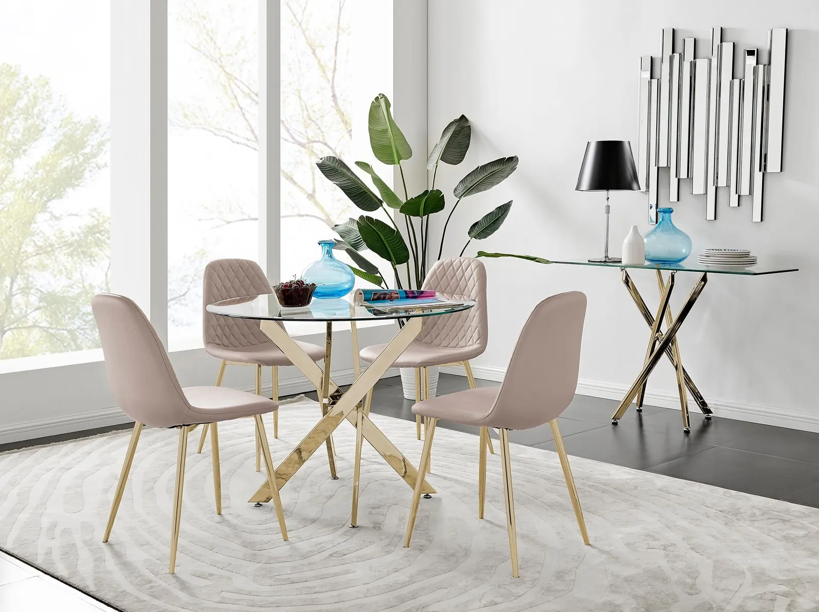 FurnitureboxUK Novara 100cm Round Tempered Glass Dining Table with Gold Legs & 4 Corona Faux Leather Chairs in Beige 1