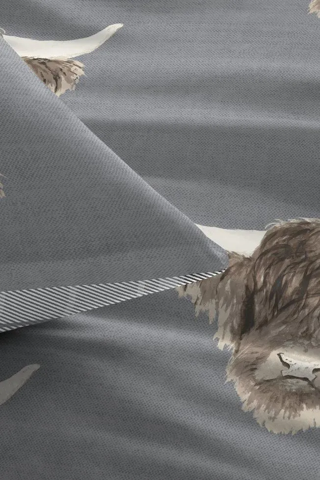 Fusion 'Highland Cow' Print With Tartan Reverse Duvet Cover Set in Grey 2