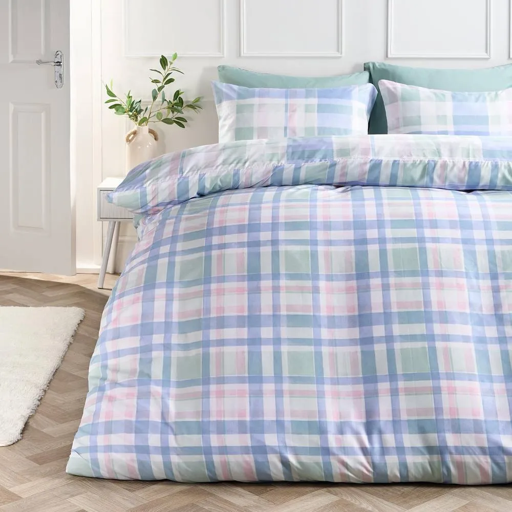 OHS Watercolour Check Reversible Microfibre Duvet Cover Bedding Set in Blue