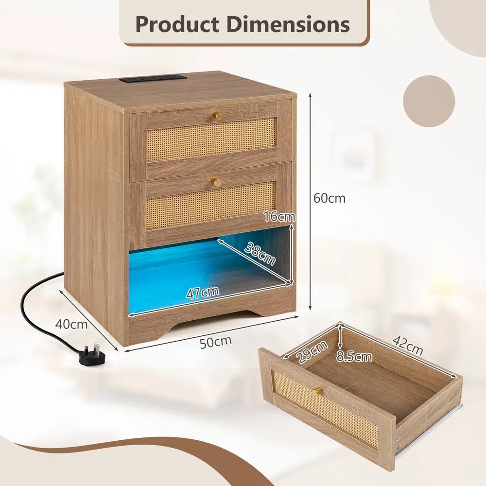 Costway Nightstand with Charging Station LED Light Strip in Khaki 2