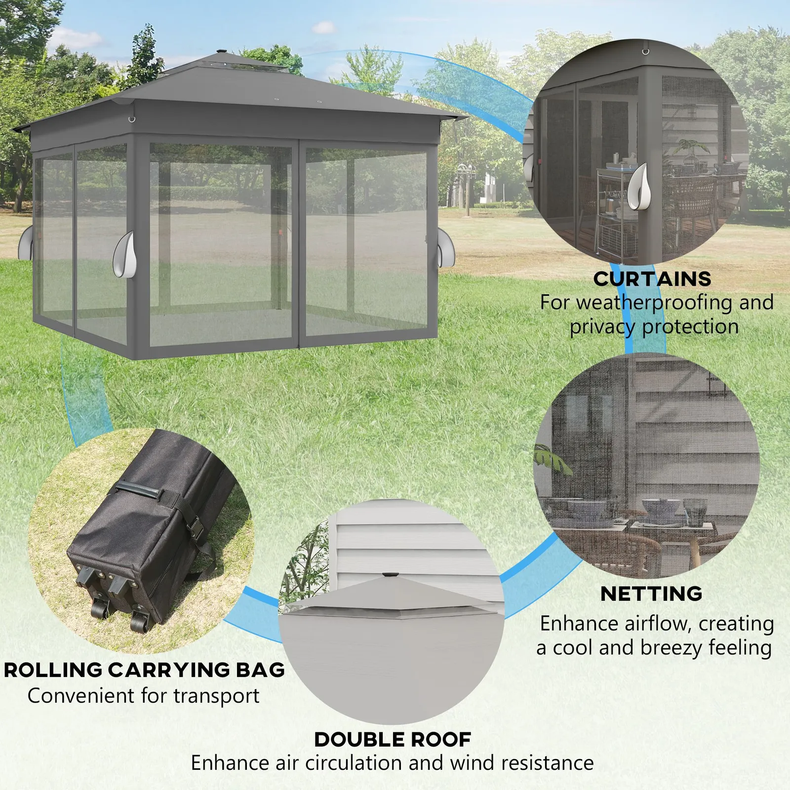 OUTSUNNY 3x3(m) Pop Up Gazebo w/ Solar-Powered LED Lights Curtain Netting in Grey 5