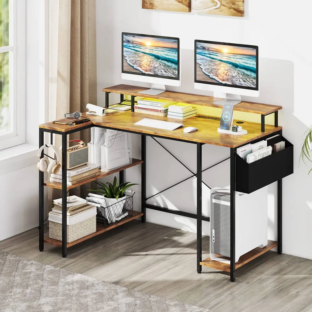 Costway L-Shaped Gaming Desk 120 cm Computer Desk with LED Lights in Brown 3