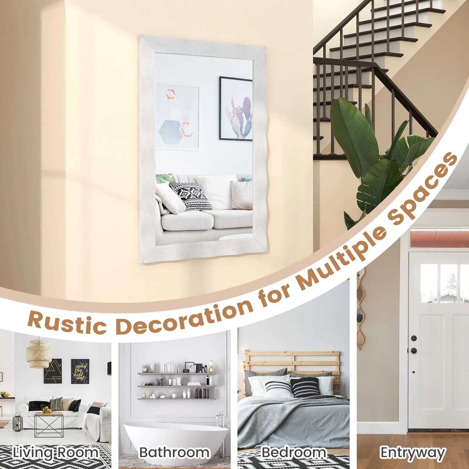 Costway Farmhouse Wall Mirror 106CM x71CM Wood Vanity Wall Mirror in White 4