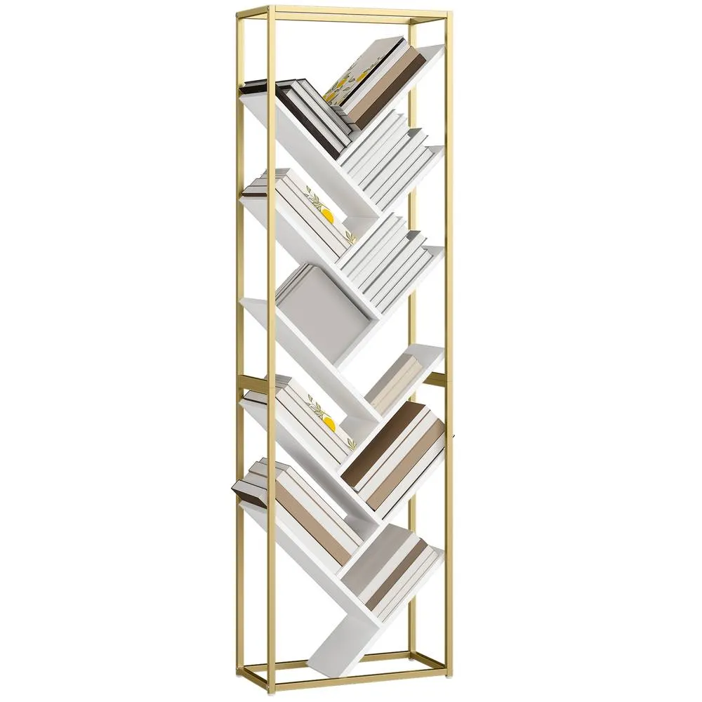 HOMCOM 10 Tier Tree Bookshelf Industrial Tall Bookcase in White 2